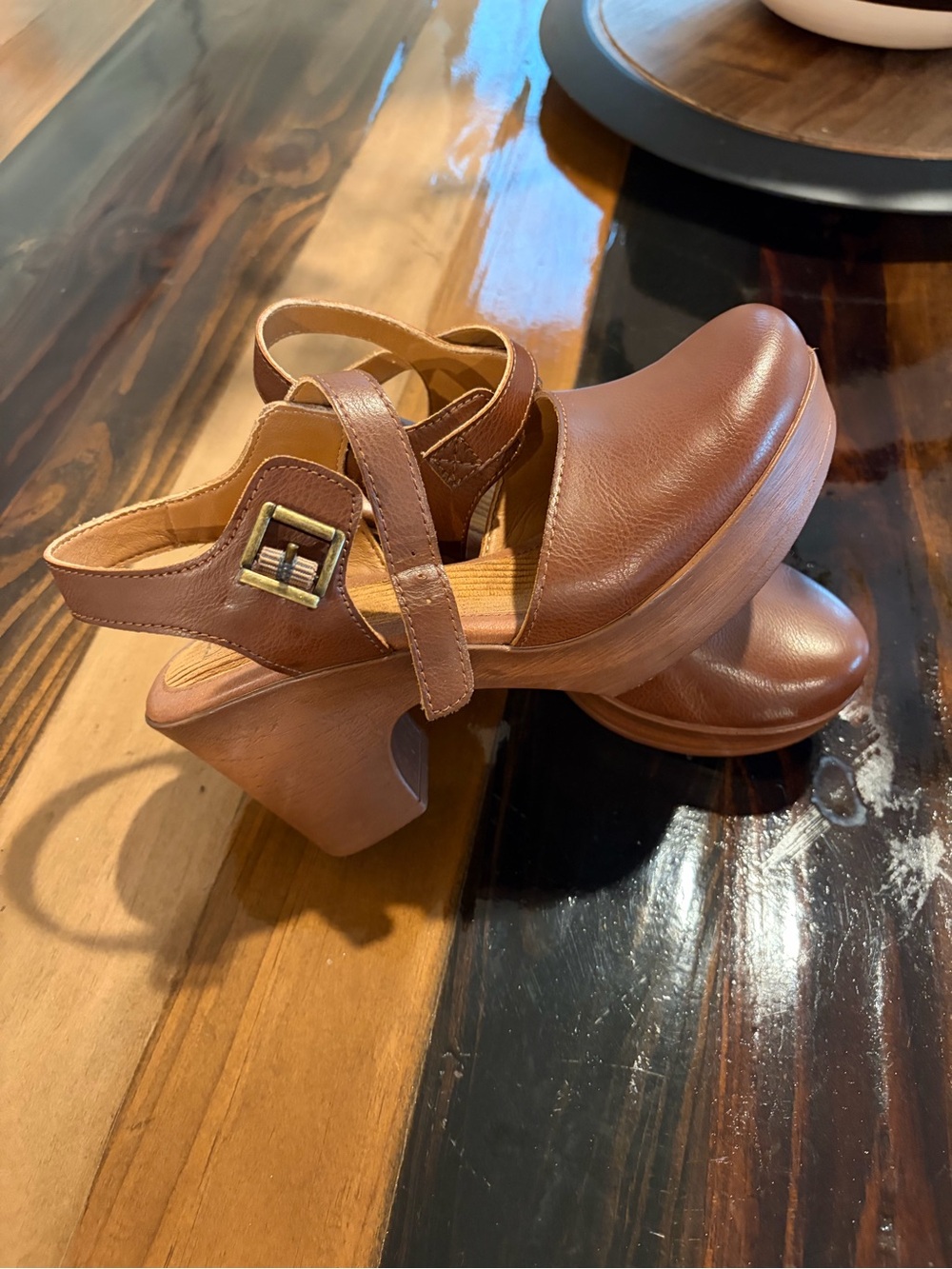 boc Brown Leather Slingback Clog Heels with Buckle